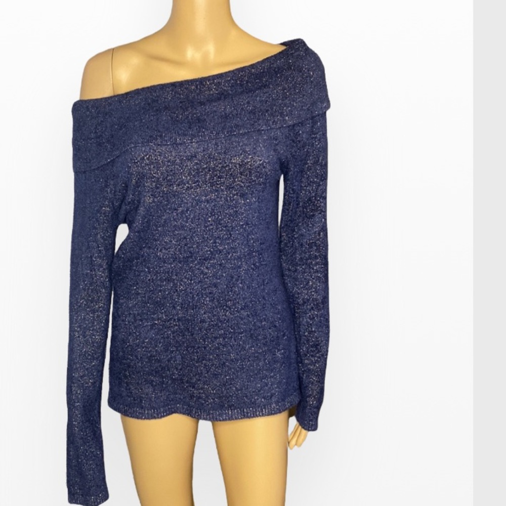Cache Oversize Collar Navy Blue Metallic SweaterSize L